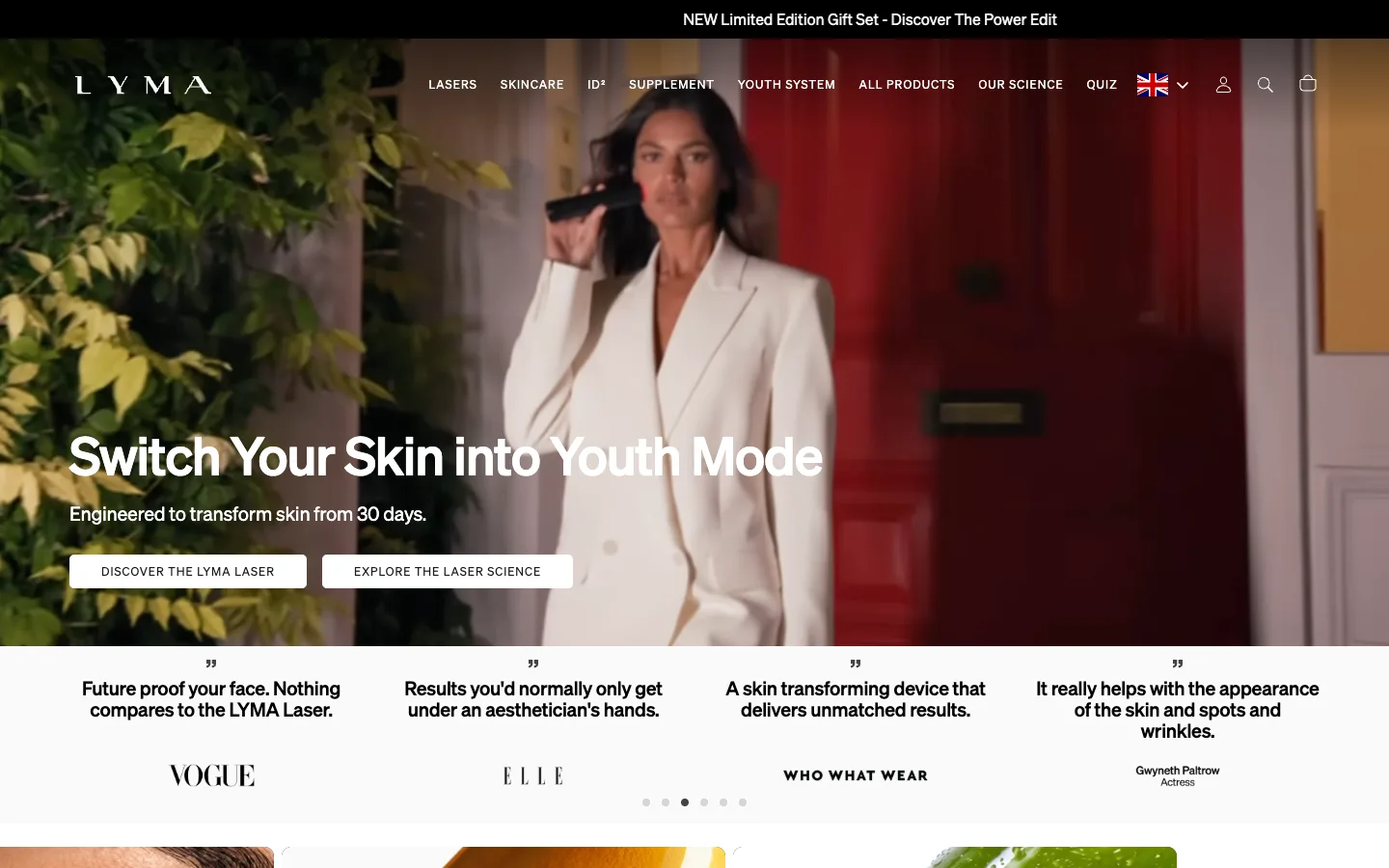 LYMA’s homepage: a campaign image for the LYMA Laser above press quotes