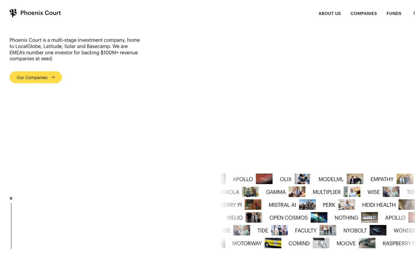 Phoenix Court’s homepage: an introduction to the firm beside a moving wall of portfolio companies